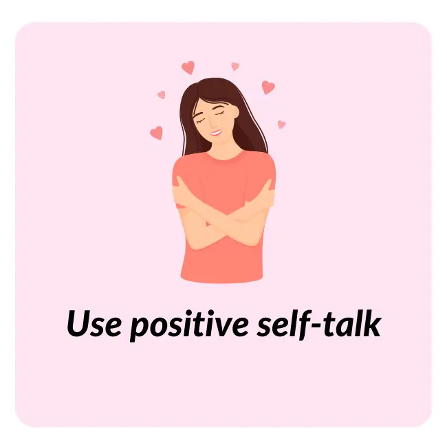 Person hugging themselves with hearts around them, use positive self-talk